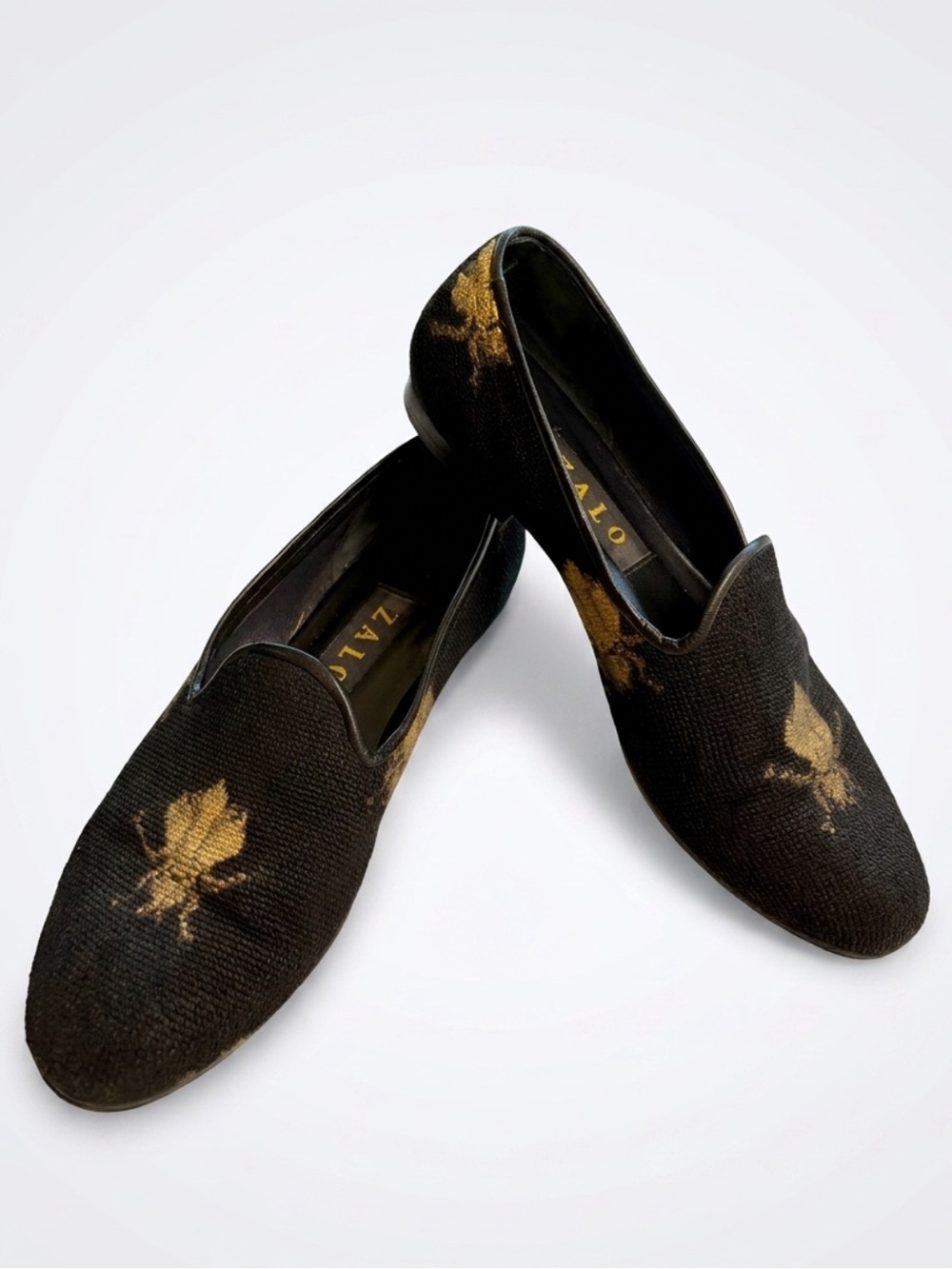 Zalo Needlepoint Loafers with Bee design, black/gold, 8, GUC